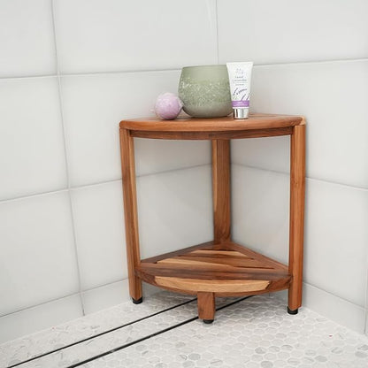 EcoDecors Fully Assembled SnazzyCorner® 18" Teak Shower Bench, Corner Shower Stool, w Shelf, Plus Loveable Teak Oil Spray Bottle 24 oz, Loveable Teak Cleaner 32 oz, Space Saver Corner be