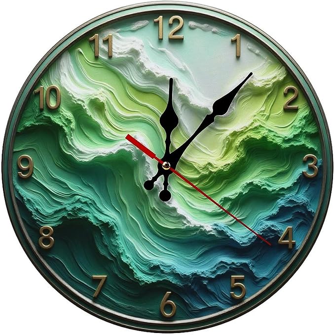 Wall Clock, Abstract Ocean Wave Non Ticking Wall Clocks Battery Operated, Teal Wooden Wall Clocks for Kitchen, Living Room, Bedroom, Office, Bathroom Decorative. 10 Inch