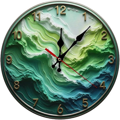 Wall Clock, Abstract Ocean Wave Non Ticking Wall Clocks Battery Operated, Teal Wooden Wall Clocks for Kitchen, Living Room, Bedroom, Office, Bathroom Decorative. 10 Inch