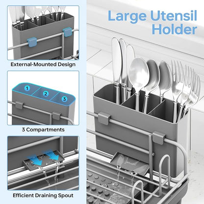TOOLF Large Dish Drying Rack, Expandable Dish Rack for Kitchen Counter, Multifunctional Dish Drainer, Organization and Storage Essentials with Cup & Cutlery Holders, 16.7"-26.8" L x 12.6" W, Gray