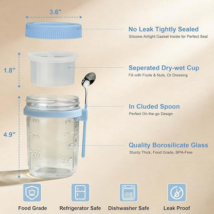 4 Pack Overnight Oats Containers with Lids and Spoons - 16 oz Glass Mason Jars with Dressing Cup, Over night Oat Jars for Meal Prep, Yogurt Parfait Cup for Chia Seed Salad (Blue)