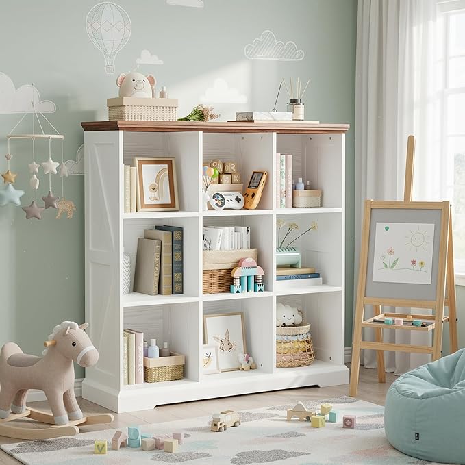 IRONCK Wooden 9 Cube Storage Organizer, Cube Shelf Organizer with Storage, Farmhouse Short Bookshelf for Bedroom, Living Room and Home Office, White
