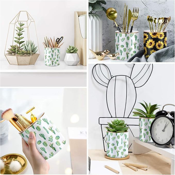 WAVEYU Pen Pencil Holder, Multi-Purpose Holder for Desk Pencil Cup for Girls Boys Kids Durable Ceramic Desk Organizer Makeup Brush Holder for Office, Classroom, Home, Cactus