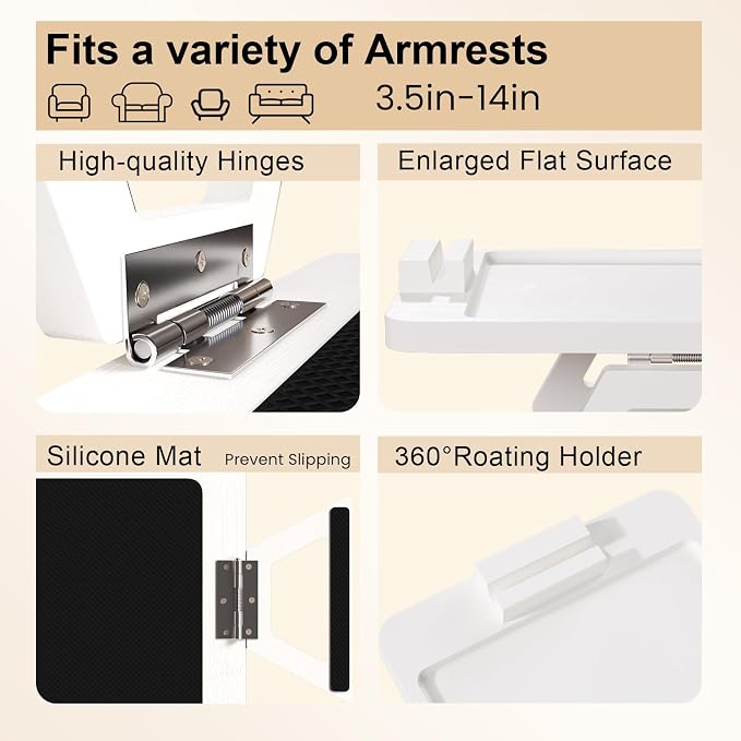 Couch Arm Tray with 360°Phone,Bamboo Folding Sofa Tray,Sofa Armrest Trays Clip-On Couch Desk for Drinks,Snacks,Phone,Remote Control（White）