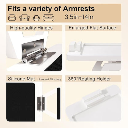 Couch Arm Tray with 360°Phone,Bamboo Folding Sofa Tray,Sofa Armrest Trays Clip-On Couch Desk for Drinks,Snacks,Phone,Remote Control（White）