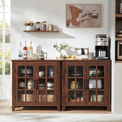 Large Sideboard Buffet Cabinet with Storage, 32" Farmhouse Kitchen Coffee Wine Bar Cabinet with 2 Glass Doors, Wood Mid Century Modern Side Board Table for Dining Room, Living Room, Brown