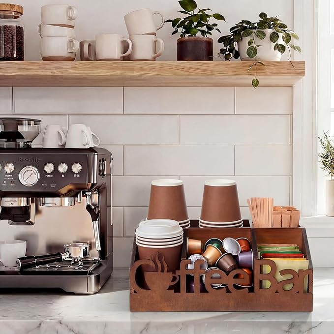 Coffee Station Organizer for Counter Wood Countertop Accessories Organizer Coffee Pods Holder Storage Basket for Pods Condiment Syrup Tea Cups Stirrers for Rustic Bar Decoration(Brown)