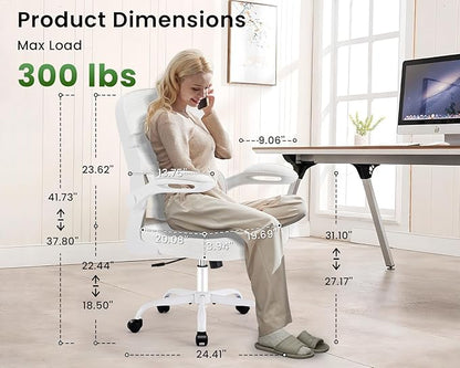 Ergonomic Office Chair, Comfy Desk Chair with Adjustable Lumbar Support, Mesh Computer Chair with Wheels, Flip-up Armrests, Swivel Rolling Executive Chair for Home Office, Gaming, White