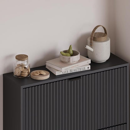 Entryway Shoe Cabinet with 3 Flip Drawers, Narrow Shoe Organizer Cabinet with Fluted Panel and Adjustable Shelves for Foyer, Hallway