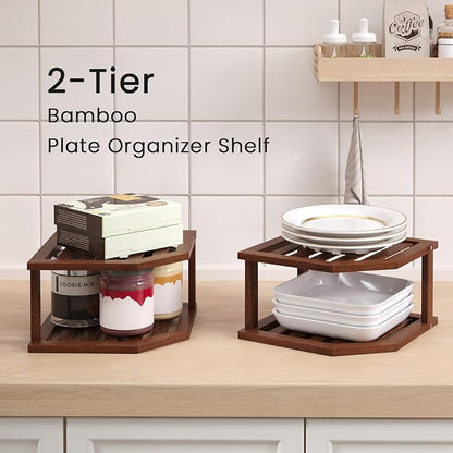 VERTORGAN Bamboo Corner Shelf(2 Pack),2 Tier Plate Organizer for Cabinet and Countertop,Pantry Dish and Spice Rack for Kitchen（Brown）