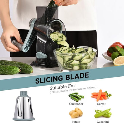 Rotary Cheese Grater with Handle Kitchen Shredder Slicer Grater Slicer Ice Shaver Cheese Vegetable Nuts Potato Zucchini Chocolate 3 Interchangeable Blades (GreyBlue)