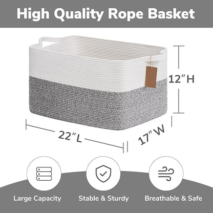 Goodpick Woven Storage Baskets for Organizing 22”x17”x12” Large Blanket Basket for Living Room Home Decor, Rectangle Rope Toy Basket for Kids, Gift Baskets Empty with Handles, Gray