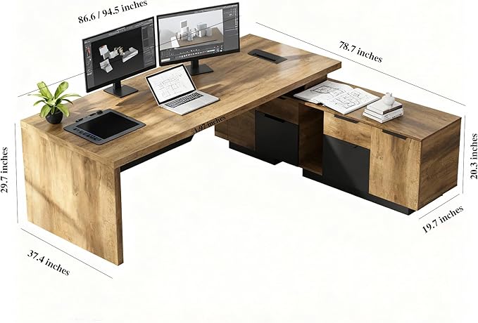 SAINTCY Retractable L-Shaped Executive Desk, Commercial-Grade Office Desk with Reversible Storage Cabinet, Modern Executive Desk with Drawers and Lateral File Cabinet for Home & Business Office