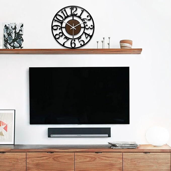 SUKYING Large Decorative Wall Clock, Vintage Farmhouse Wall Clock for Living Room/Kitchen/Bedroom, 16 Inch Silent Battery Operated Wooden & Black Metal Clock for Outdoor Covered Patio, Pool Area