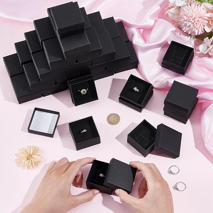 100PCS Ring Box Bulk Kraft Jewelry Gift Boxes 2’’ × 2’’ × 1.2’’ Small Earring Packing Boxes Square Cardboard Jewelry Box with Foam for Selling Weddings Valentine Birthday Business (Black)