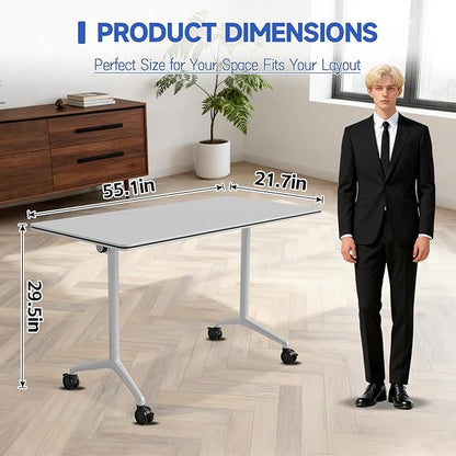 6pcs 55.1 Inch Folding Conference Table with Silent Wheels,Mobile foldable Flip Top Rectangular Meeting Tables for Office Training classroom,Locking Rolling Modular White Desk for Space Saving