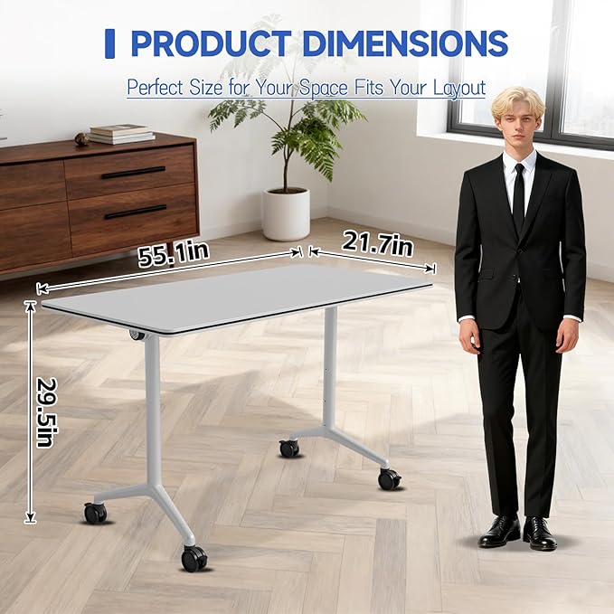 4pcs 55.1 Inch Folding Conference Table with Silent Wheels,Mobile foldable Flip Top Rectangular Meeting Tables for Office Training classroom,Locking Rolling Modular White Desk for Space Saving