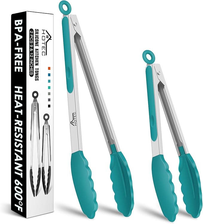 HOTEC Premium Stainless Steel Locking Kitchen Tongs with Silicon Tips, Set of 2-9" and 12", Turquoise