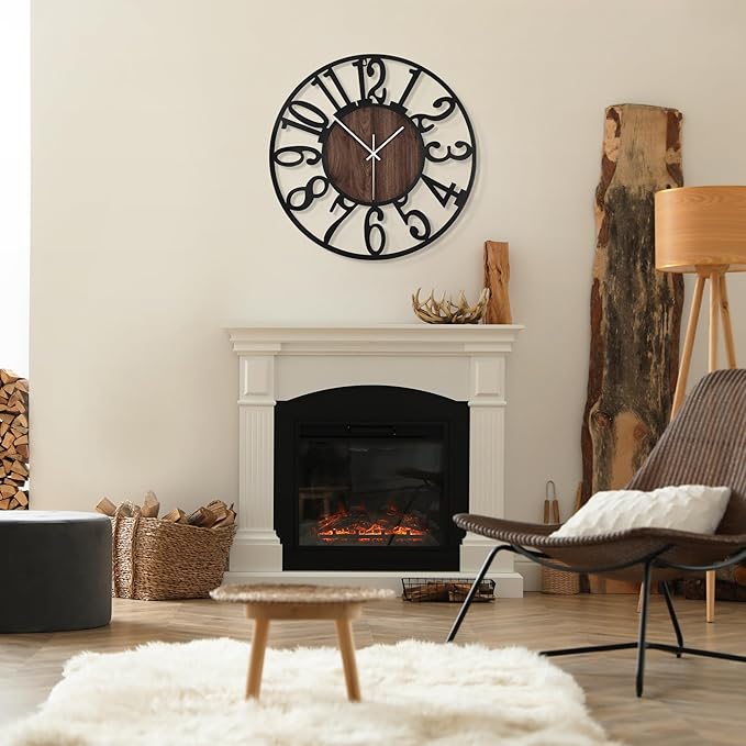 1st owned Wall Clock for Living Room -16" Silent Non Ticking,Battery Operated,Black Metal, Antique Wood Clocks for Farmhouse,Dining Room,Bedroom,Kitchen Clock Wall Decor- Arabic Numerals