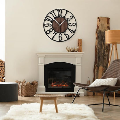 1st owned Large Wall Clock for Living Room Decor- 24" Decorative Antique Silent Non Ticking,Battery Operated,Black Metal,Wood Clocks for Farmhouse,Dining Room,Bedroom,Kitchen - Arabic Numerals
