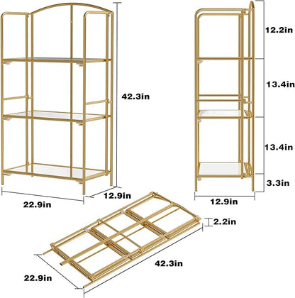 Crofy No Assembly Folding Bookshelf for Living Room, 3 Tier Gold Collapsible Book Shelf for Home Office, Portable Bookcase Storage Organizer