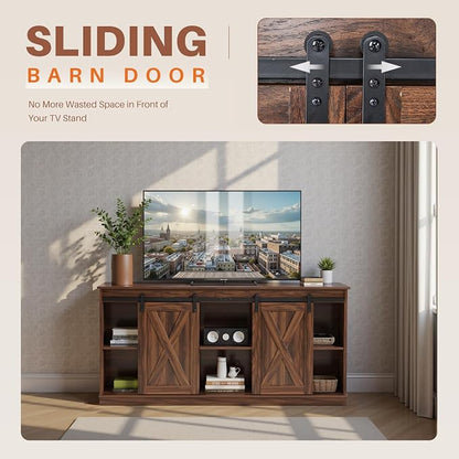 Sweetcrispy Farmhouse TV Stand 65 Inch for Living Room Bedroom Brown, Tall Entertainment Center with Storage Shelves, Media Console Cabinet with Wood Board, 300 LBS Capacity and Sliding Barn Door