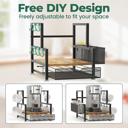 EsLuker.ly Coffee Bar Station Organizer with K Cup Drawer, Pod Holder Storage Rack with 7 Mug Hooks for Countertop, Wooden Coffee Machine Maker Stand for Home Office, Space-Saving for Coffee Lovers