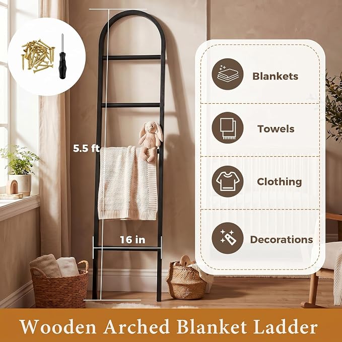 Sintuff Arched Blanket Ladder for Living Room, 5.5ft Wooden Blanket Rack, 5-Tier Natural Leaning Ladder Shelf for Farmhouse Bedroom Living Room Bathroom Decor (Arch,Balck)
