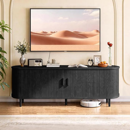 58" Mid Century Modern TV Stand with Power Outlet, Fluted Entertainment Center with Storage and Adjustable Shelves, Wood TV Console with Sliding Doors for Living Room, Black