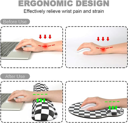 Ergonomic Mouse Pad with Wrist Rest and Keyboard Wrist Rest, Mousepad and Keyboard Pad, Non-Slip Rubber Base, Pain Relief, Mouse Pad with Wrist Support for Gaming, Computer, Office, Black Checkered