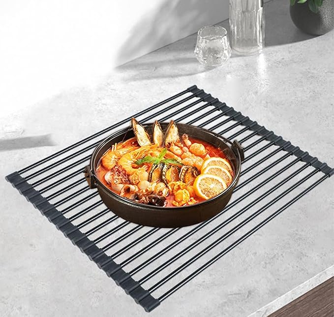 Roll Up Dish Drying Rack Over The Sink.Foldable Kitchen Drainer,Fully Silicone Cover Stainless Steel Bar,Heat-Resistant, Anti-Slip Sink Rack for Kitchen Counter Black,20.5 x 13 Inch