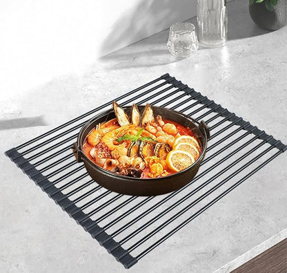 Roll Up Dish Drying Rack Over The Sink.Foldable Kitchen Drainer,Fully Silicone Cover Stainless Steel Bar,Heat-Resistant, Anti-Slip Sink Rack for Kitchen Counter Black,20.5 x 13 Inch
