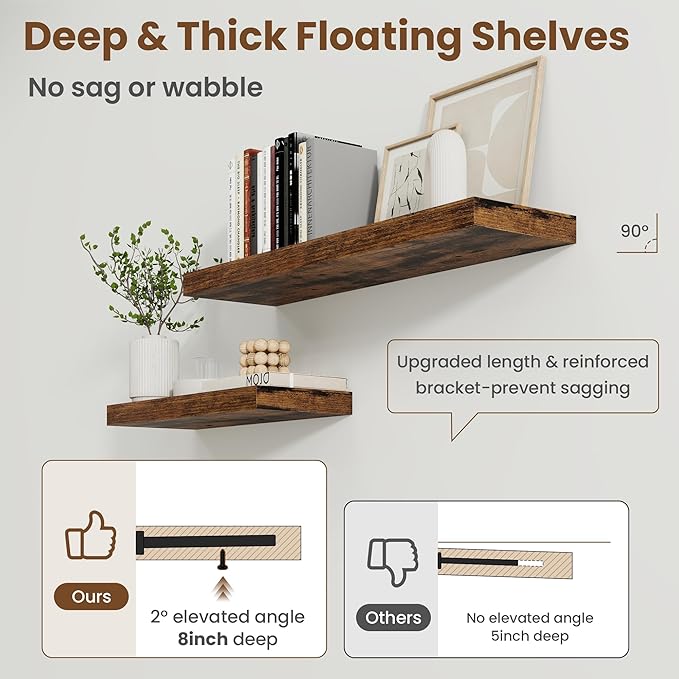 Axeman Square Floating Shelves for Wall, 8" W x 8" D x 1.4" H Rustic Wooden Wall Shelves, 4 Pack Wall Mounted Floating Shelf with Invisible Brackets for Living Room, Bathroom, Kitchen, Rustic Brown