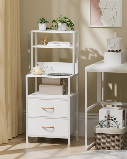 Furnulem Night Stand, Tall White Nightstand with 4-Tier Shelves, 2 PU Fabric Drawers and Led Lights, Bed Side Tables with Charging Station, Bedside Table for Bedroom