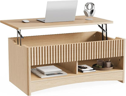Marsail Lift-Top Coffee Table, Fluted Center Table with Hidden Compartments, Smooth Lifting & Space-Saving Design, Versatile Wood Coffee Table for Living Room and Office, Oak