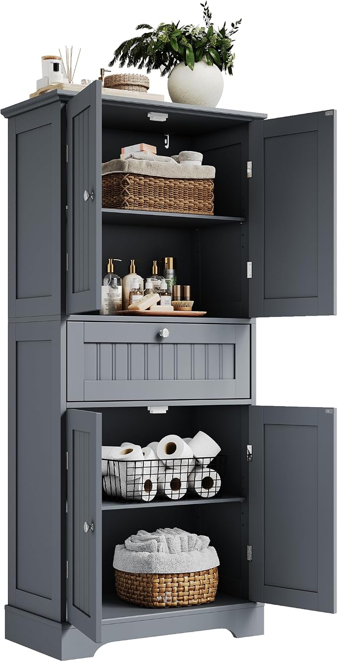 ChooChoo 51" H Tall Bathroom Floor Cabinet, Modern Bathroom Storage Cabinet with Drawer and Adjustable Shelves, Freestanding Kitchen Pantry Cupboard with 4 Doors for Living Room, Grey