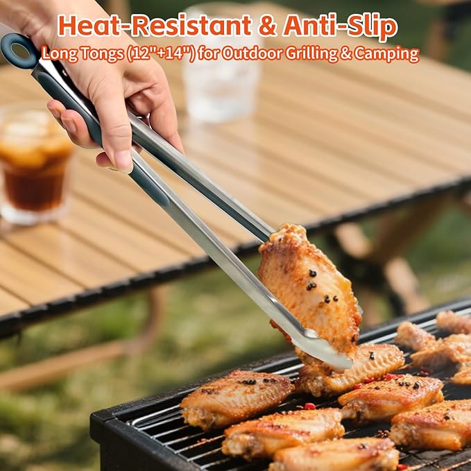 Grill Tongs Set of 3 - Stainless Steel BBQ Tongs with Lock (9, 12, 14 Inch) | Heat Resistant to 600°F | Heavy Duty & Dishwasher Safe for Grilling, Cooking, Salad (Gray)