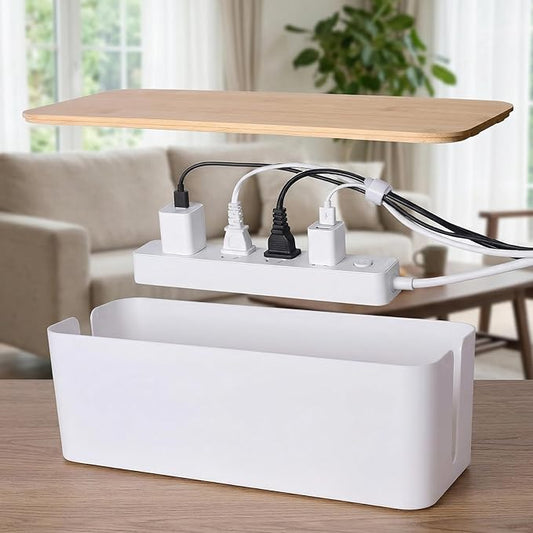 2 Pack Cable Management Box - Cord Organizer Box with Wooden Lid for TV Wires, Power Strips, Router, USB Hub & Under Desk Power: Baby & Pet Proof Cord Management, Cord Hider for Home & Office (White)