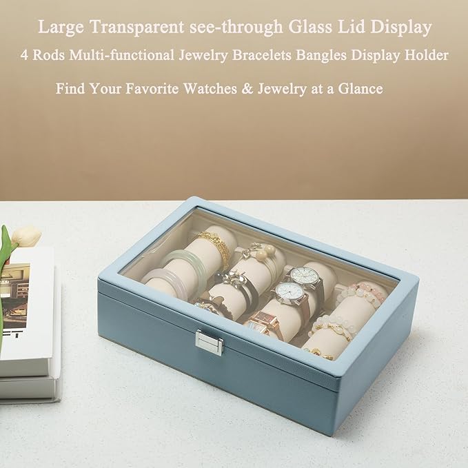 Bracelets Organizer Rods Bangles Display Holder, Clear See through Lid Leather Velvet Jewelry Storage Box Case for Women, 4 Rods Blue Leather