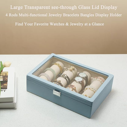Bracelets Organizer Rods Bangles Display Holder, Clear See through Lid Leather Velvet Jewelry Storage Box Case for Women, 4 Rods Blue Leather