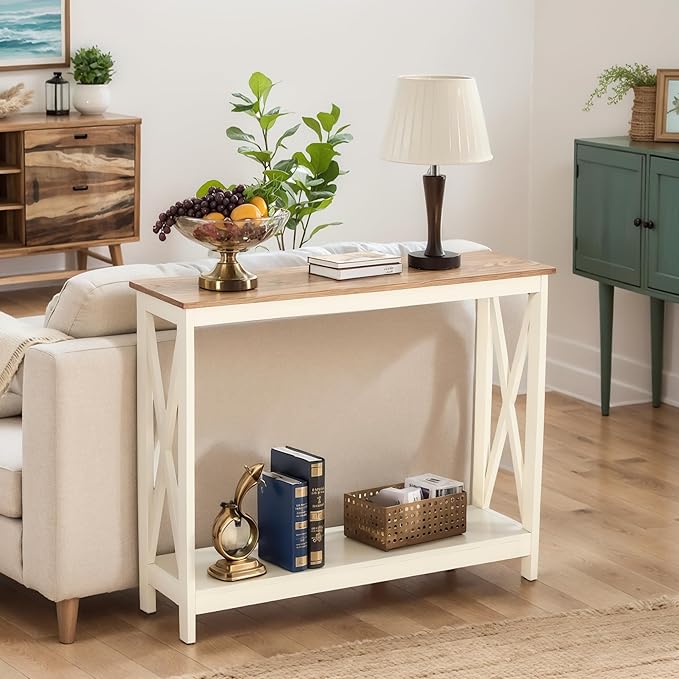 MAISON ARTS Console Table 39.4'', 2-Tier Narrow Sofa Table Behind Couch, Farmhouse Entryway Table with Storage for Living Room, Entrance and Hallway, Easy Assembly, Ivory White