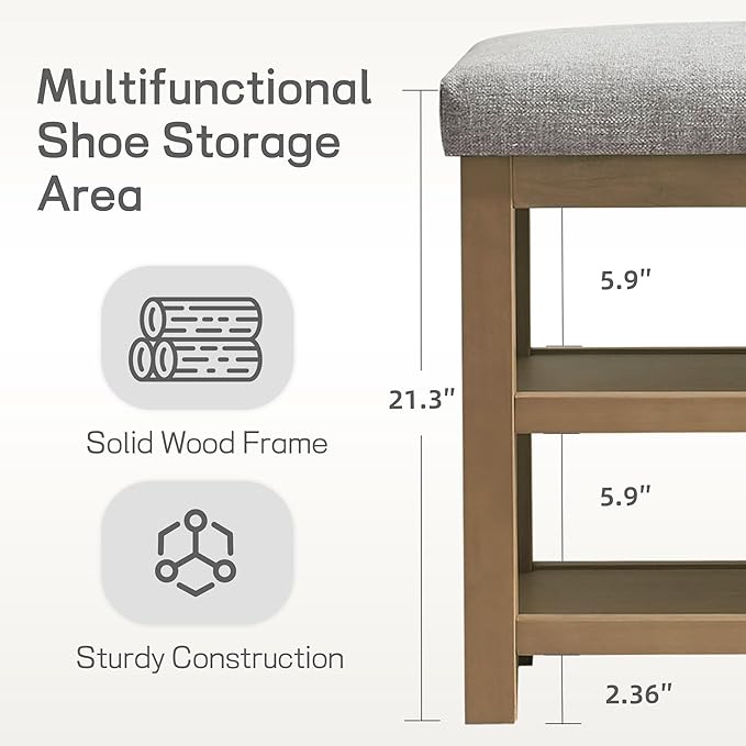 Shoe Rack Bench with Cushion, 2 Tier Solid Wood Storage Bench, Mid-Century Modern Shoe Bench for Entryway, Hallway, Closet, Front Door Entrance, Foyer (Grey, 46.5")