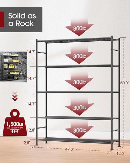 Sakugi Storage Shelves - 5 Tier Shelf Organizer, Sturdy Metal Garage Shelving with Adjustable Leveling Feet, Space-Saving Shelves Organizer for Pantry, Laundry, Kitchen (47" x 12" x 60", Black)