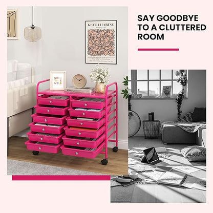 Giantex 12 Drawers Rolling Cart, Mobile Storage Drawer Cart, Classroom Organizer Cart for Office School Supplies Tools Scrapbook Paper Craft Small Printer, Utility Cart on Wheels, Hot Pink