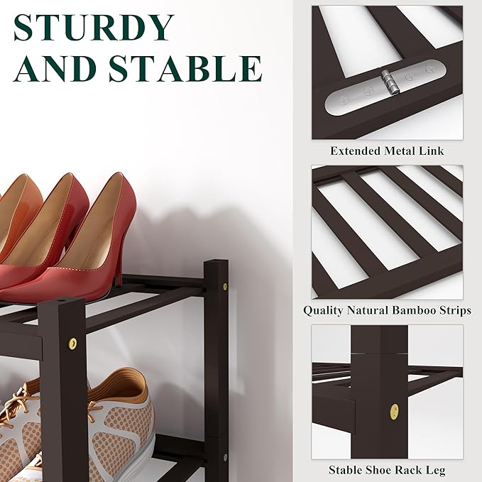 Smiry Long Bamboo Shoe Rack, 2 Tier Free Standing Wooden Shoe Organizer, Stackable Wood Shoe Storage Shelf for Closet, Entryway, 12 Vertical Slats, One-piece Standard Legs, 33.7"x11"x13", Brown