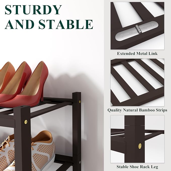 Smiry Long Bamboo Shoe Rack, 6 Tier Free Standing Wooden Shoe Organizer, Stackable Wood Shoe Storage Shelf for Closet, Entryway, 12 Vertical Slats, 2+2+2 Stack Standard Legs, 33.7"x11"x39", Brown