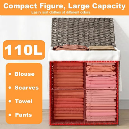 FDW Handwoven Laundry Hamper with Lid, 110L Foldable Rattan Clothes Basket with 2 Removable Liners & 6 Mesh Laundry Bags for Bathroom Bedroom, Grey