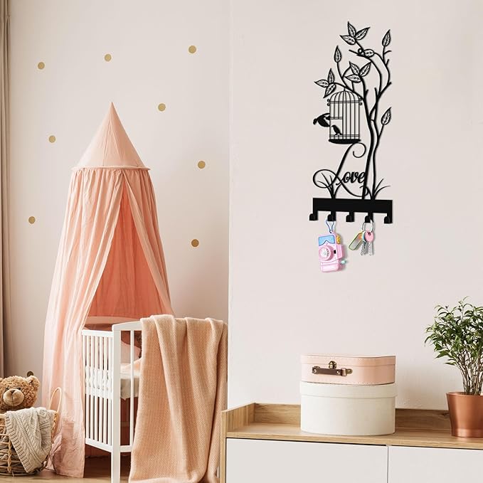 Key Holder for Wall, Metal Key Holder Hooks Organizer Rack, Key Organizer Wall Decorative with 5 Hooks for Entryway, Front Door, Hallway, Bedroom, Office (12 Inches, Birdcage)