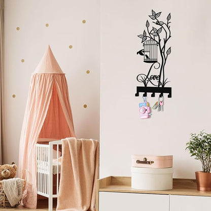 Key Holder for Wall, Metal Key Holder Hooks Organizer Rack, Key Organizer Wall Decorative with 5 Hooks for Entryway, Front Door, Hallway, Bedroom, Office (12 Inches, Birdcage)