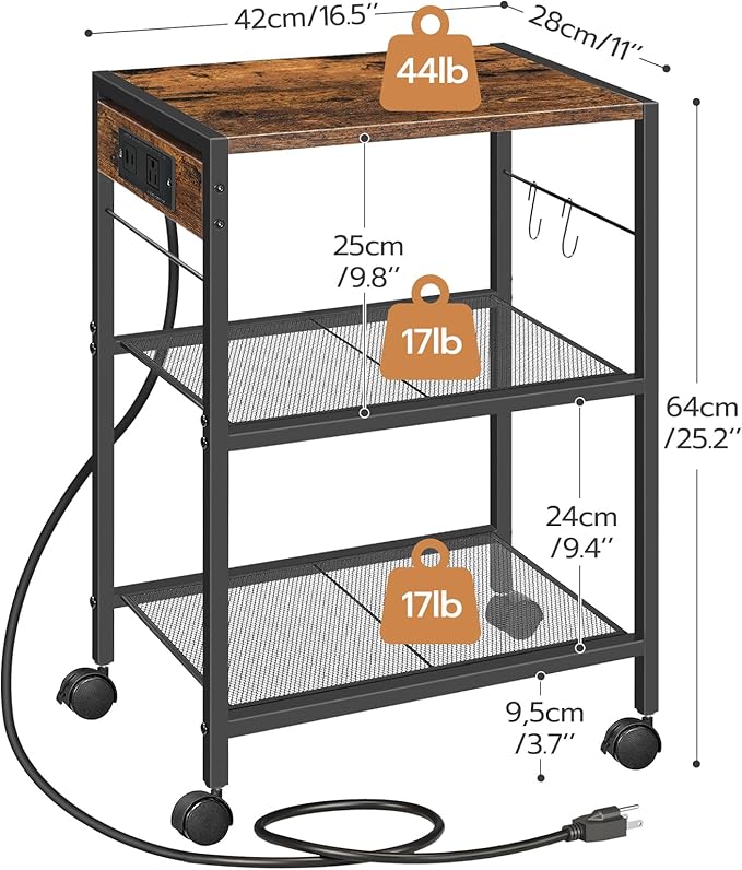 HOOBRO Industrial Printer Stand, 3-Tier Mobile Printer Table, Rolling Cart with Power Outlets and USB Ports, Home Printer Stand with 2 Hooks, for Office, Living Room, Rustic Brown BF22UPS01